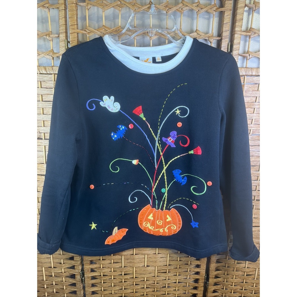 White Stag Sweatshirt Black Halloween Jack O Lantern Embroidered SZ Small Granny